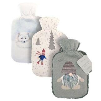 Hot Water Bottles with Printed Plush Sherpa reverse Cover - Assorted