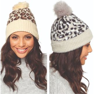 Ladies Animal Print Hat With Pom Pom -Assorted