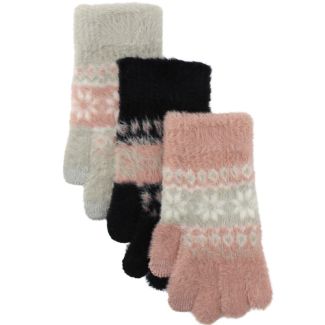Ladies Fluffy Gloves with Touch Screen Fairisle Print Design - Assorted Colours