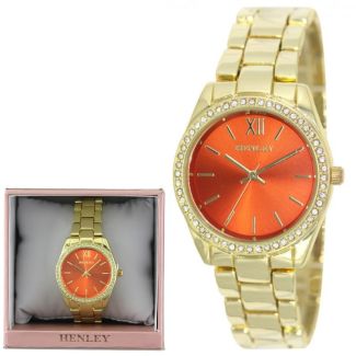 Ladies Henley Metal Diamante Bracelet Watch - Gold/Orange