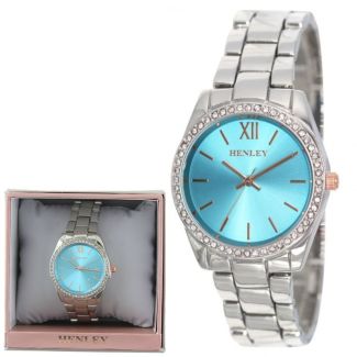 Ladies Henley Metal Diamante Bracelet Watch - Silver/Blue