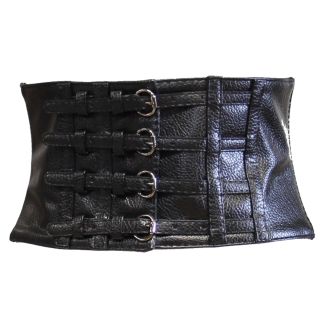 Leather Effect Elasticated Waist Belt With 4 Buckles & Press Button Closure 