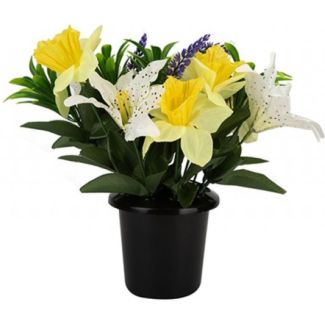 Lily & Daffodil Memorial Grave Flower Pot Stone – Graveside Arrangement (24cm)