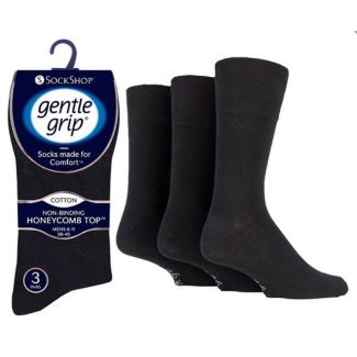 Men's Plain Gentle Grip Cotton Blend Ankle Socks (3 Pack) - Black 