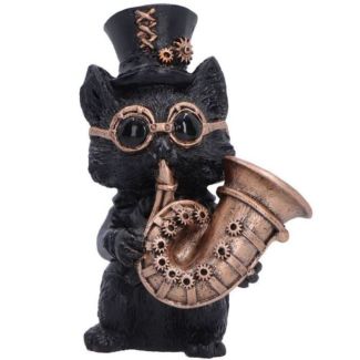 Steampunk Black Cat Figurine Playing French Horn – 10cm