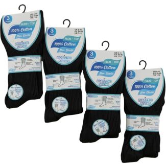 Men's 100% Cotton Black Flexi-Top Ribbed Non-Elastic Diabetic Socks - (3 pack)