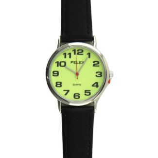 Men's Pelex Classic Glow in The Dark Round Dial Leather Strap Watch - Black & Silver