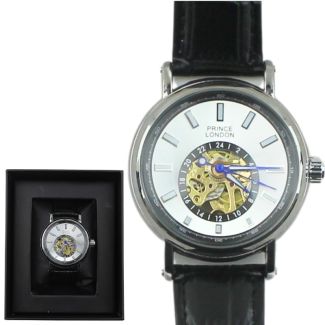 NY London Men's Round Dial Black Leather Strap Watch - Silver/Black
