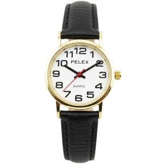 Pelex Ladies Classic Round Dial Leather Strap Watch - Black/Gold