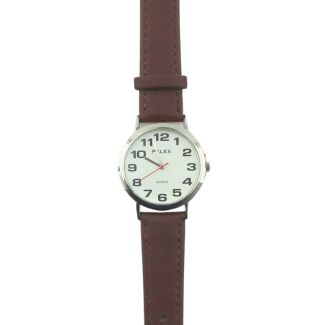 Pelex Men's Round Dial Brown Leather Strap Watch - White & Silver