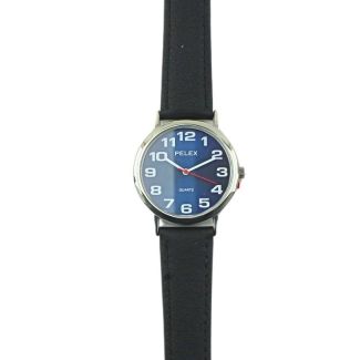 Pelex Men's Round Dial Leather Strap Watch - Black & Silver