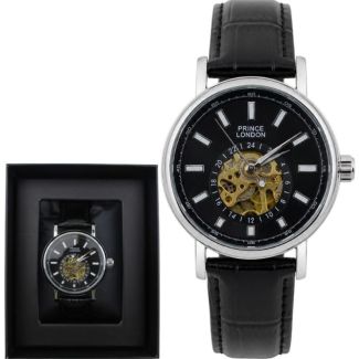 Prince Men's Automatic Watch With Leather Strap- Gun & Black (D6)
