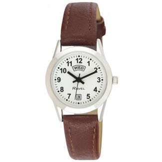Ravel Ladies Day-Date Silver Tone Watch - Brown Strap