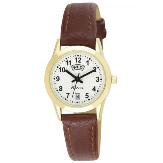 Ravel Ladies Day-Date Gold Tone Watch - Brown Strap