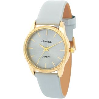 Ravel Ladies Textured Case Leather Strap Watch - Sky Blue/Gold