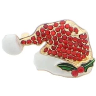 Red Diamante Stone Christmas Hat Brooch With Mistletoe