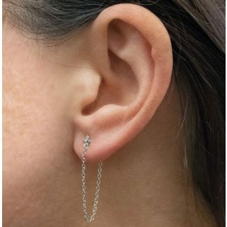 Sterling Silver Gem Set 3 Stone Cluster Stud With Chain 