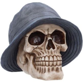 Skull Figurine with Grey Bucket Hat (13.5cm)