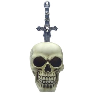 Skull with Metal Sword in Head Ornament - 23cm High
