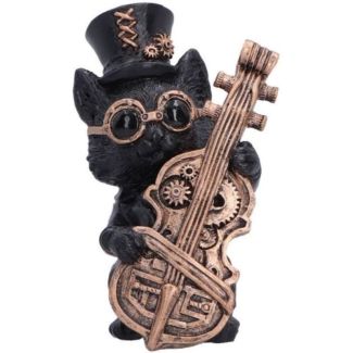Steampunk Black Cat Figurine Playing Cello – 10cm