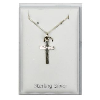 Sterling Silver Diamond Cut Cross Pendant Necklace (15mm)