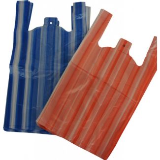 Blue & Red Striped Plastic Carrier Bags - 10x15x18" (Box)
