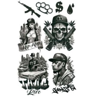 Thug Life Themed Temporary Tattoo Sheet - Hip Hop & Urban Designs