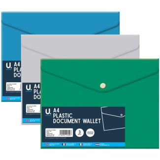 U. A4 Plastic Document Wallet 3pcs - Assorted (340 x 320mm)
