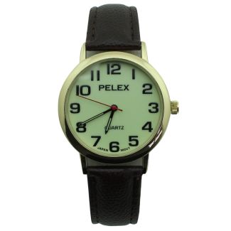 Mens Pelex Glow in The Dark Leather Strap Watch - Brown & Gold