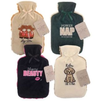 Hot Water Bottle with Plush Appliqué and Sherpa Reverse Cover - Assorted Designs