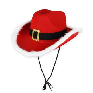 Adult Red Santa Cowboy Hat with Belt Buckle and Fur Trim