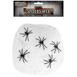 White Spider Web with 5 Plastic Spiders - 40g