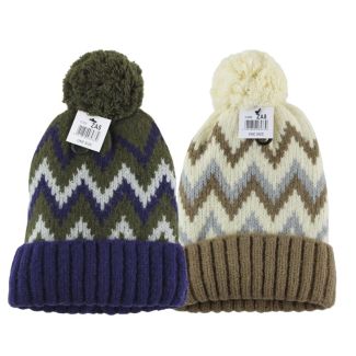 Adults Unisex Chevron Pattern Knitted Bobble Hat - Assorted 