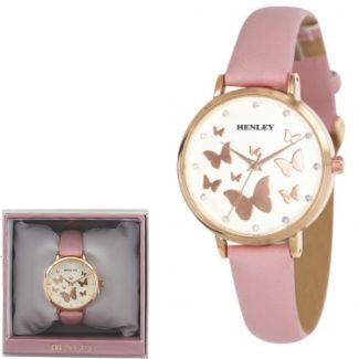 Wholesale Ladies Henley Butterfly Design Leather Strap Watch - Pink 