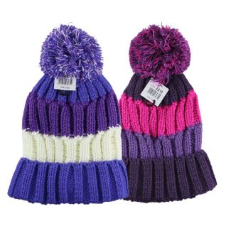 Ladies Stripe Knitted Bobble Hat - Assorted 