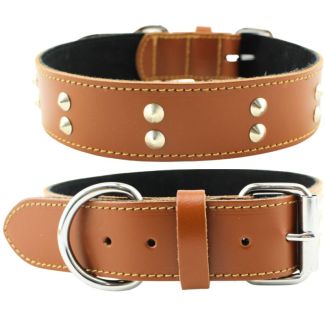 Wholesale Genuine Leather 1.5" Wide Studded Leather Stitched Dog Collar-Tan (24-27'' Fitting)
